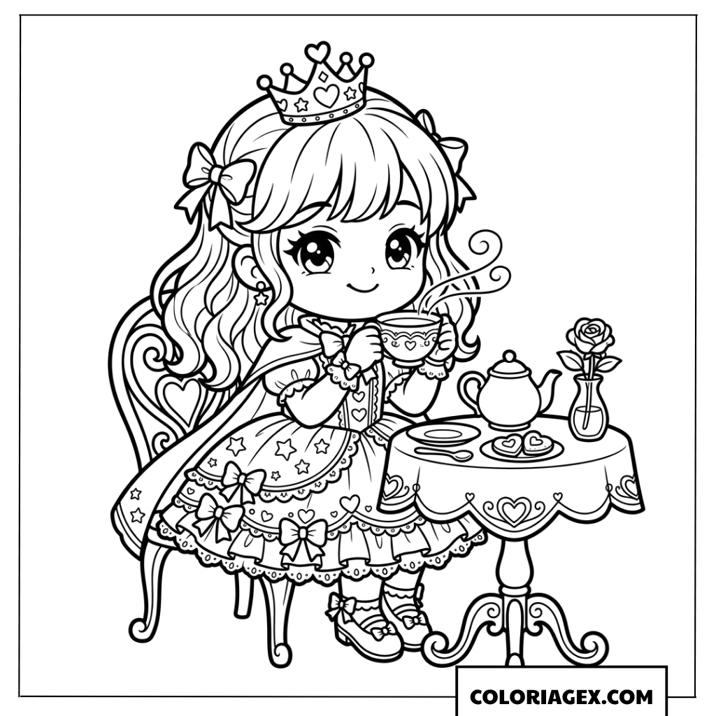Dessin dune princesse chibi savourant son thé