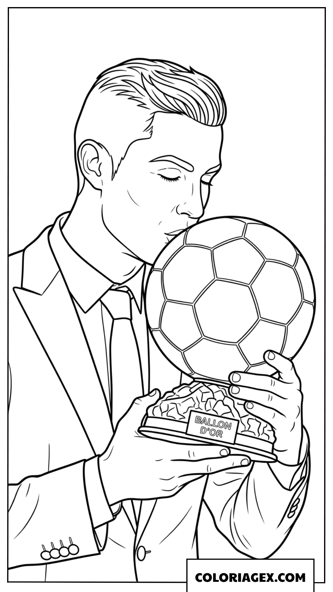 Dessin en gros plan de Cristiano Ronaldo embrassant le Ballon d'Or