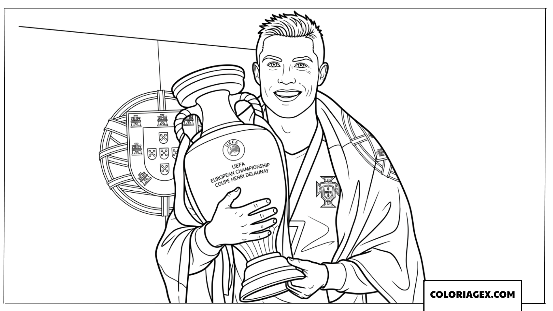 Dessin en gros plan de Cristiano Ronaldo serrant le trophée de l'Euro