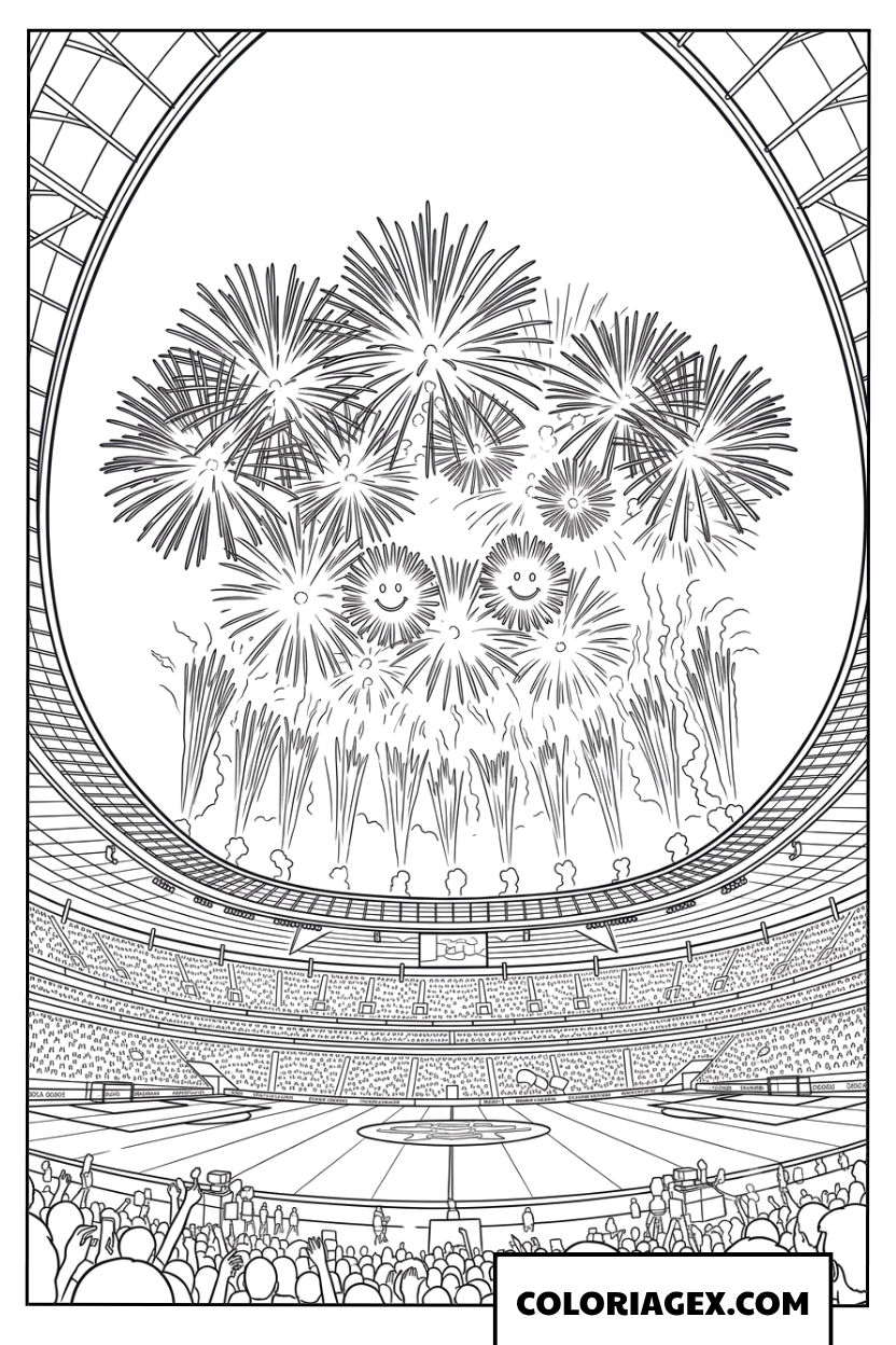 Dessin feu d artifice grandiose au dessus du stade de football 2026