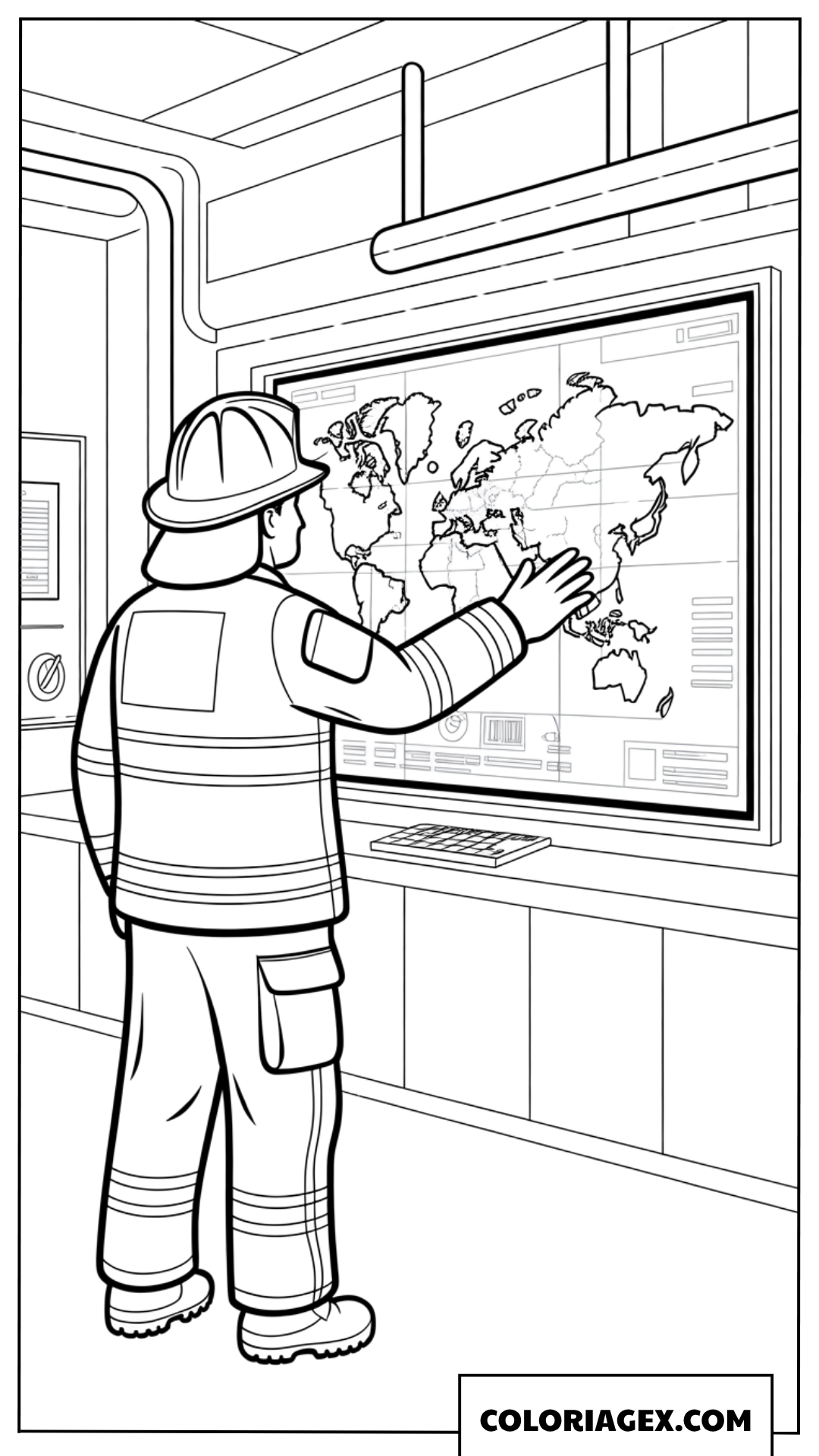 Dessin pompier consultant une carte du monde
