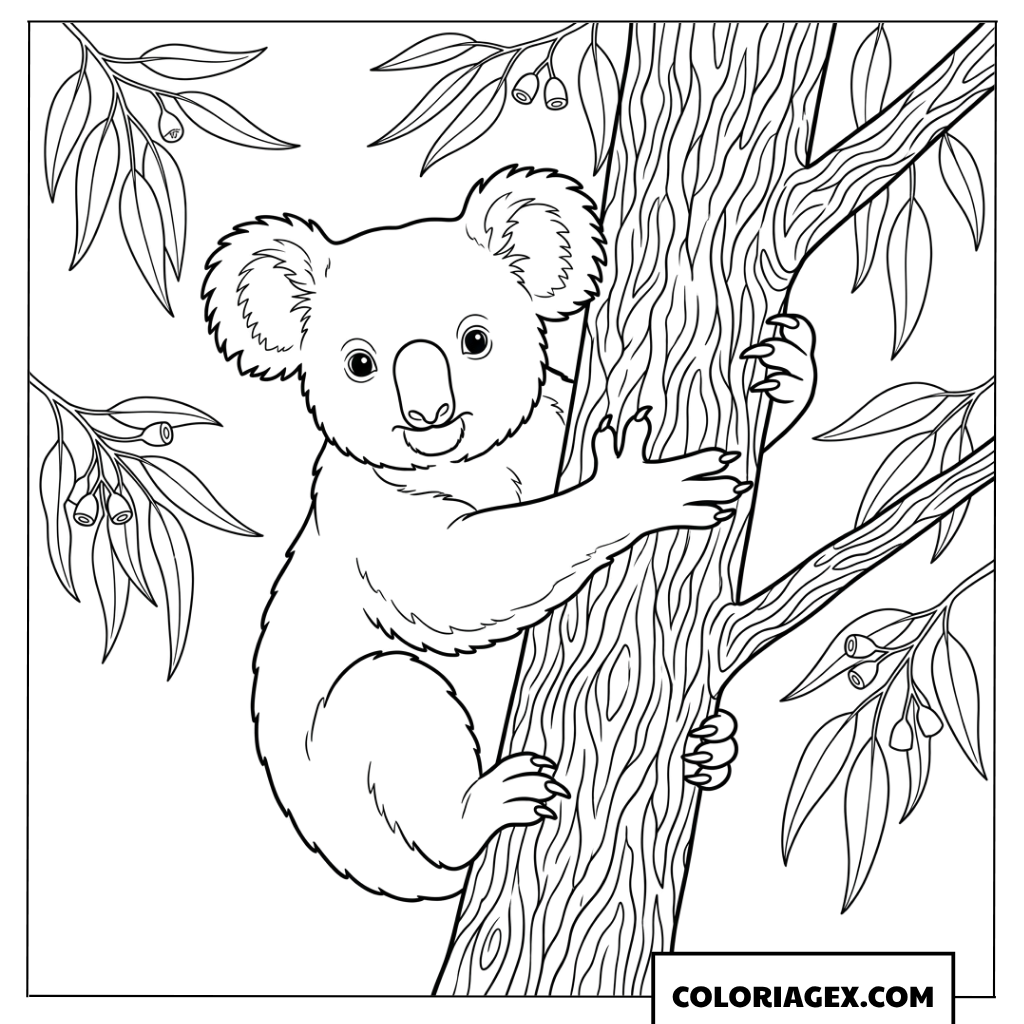 Dessin réaliste dun koala agrippe a son arbre