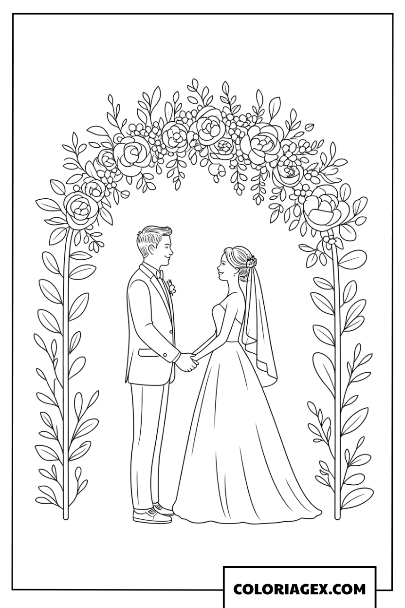 Dessin romantique d'un couple de maries sous une arche fleurie