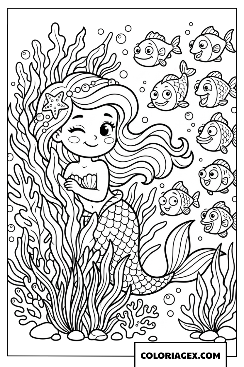 Dessin sirene cachee derriere les algues et petits poissons