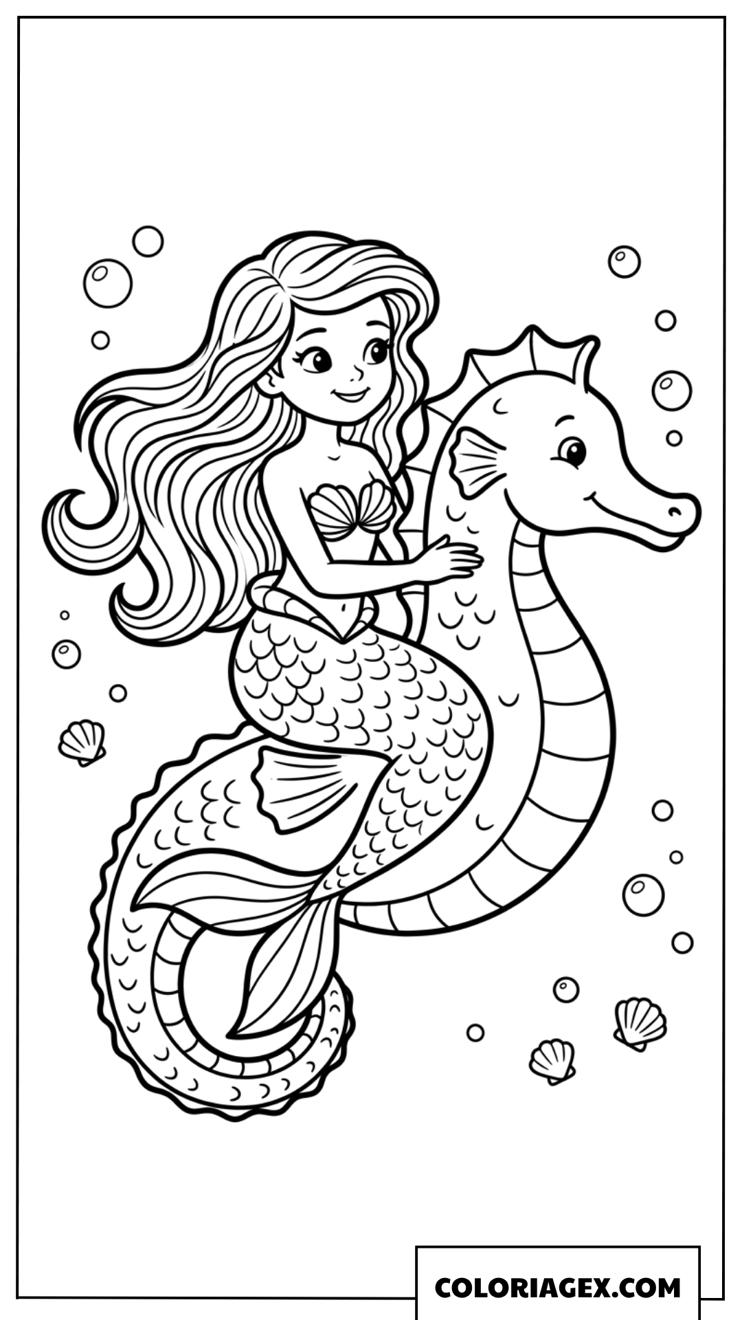 Dessin sirene chevauchant un hippocampe geant sous la mer