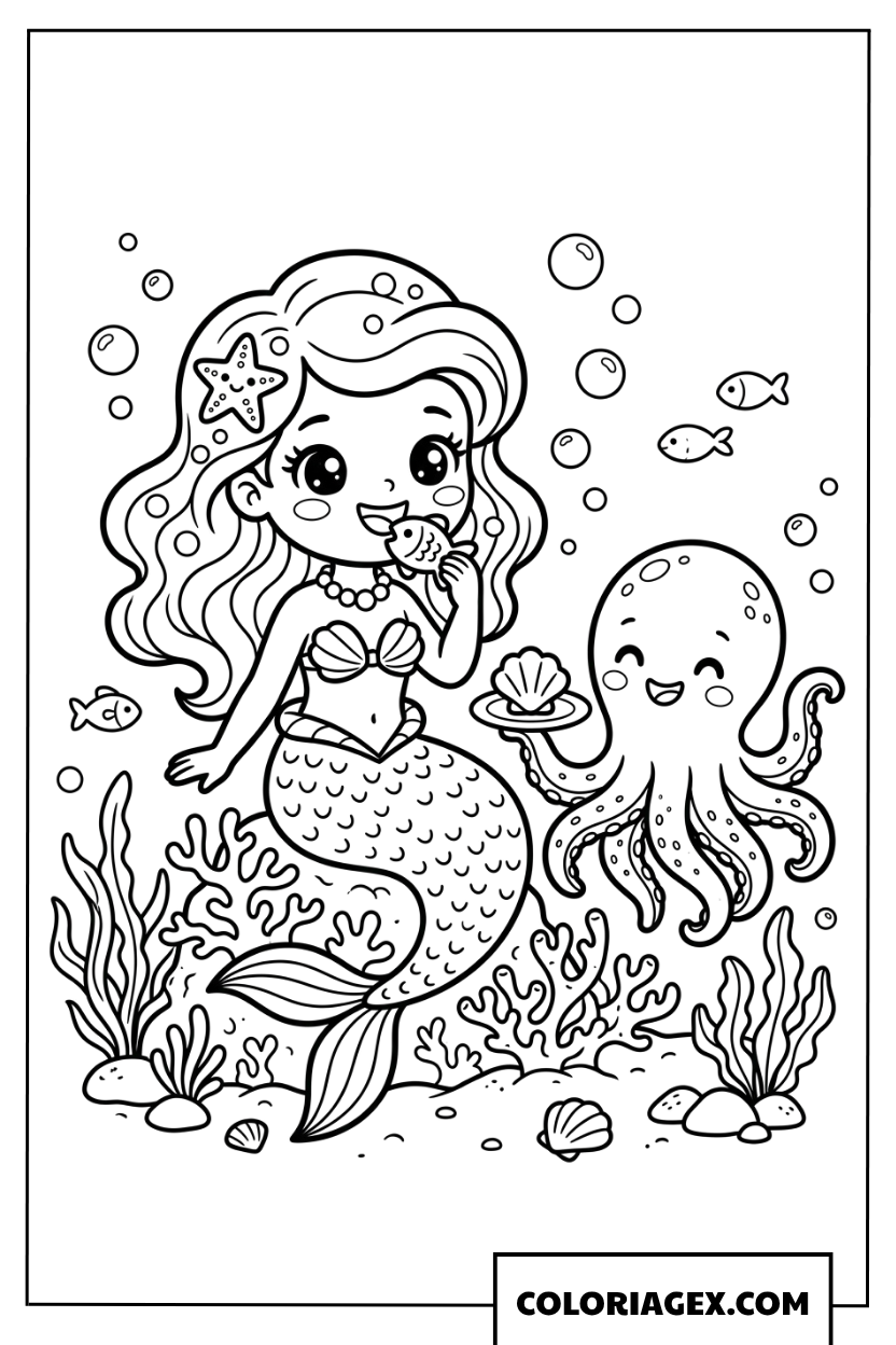 Dessin sirene mangeant une friandise avec une pieuvre