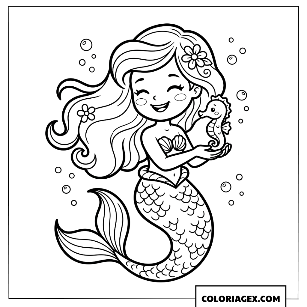 Dessin sirene mignonne tenant un petit hippocampe
