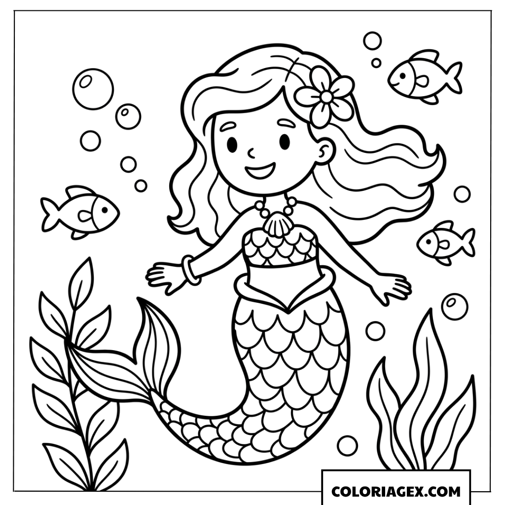 Dessin sirene souriante nageant avec des petits poissons