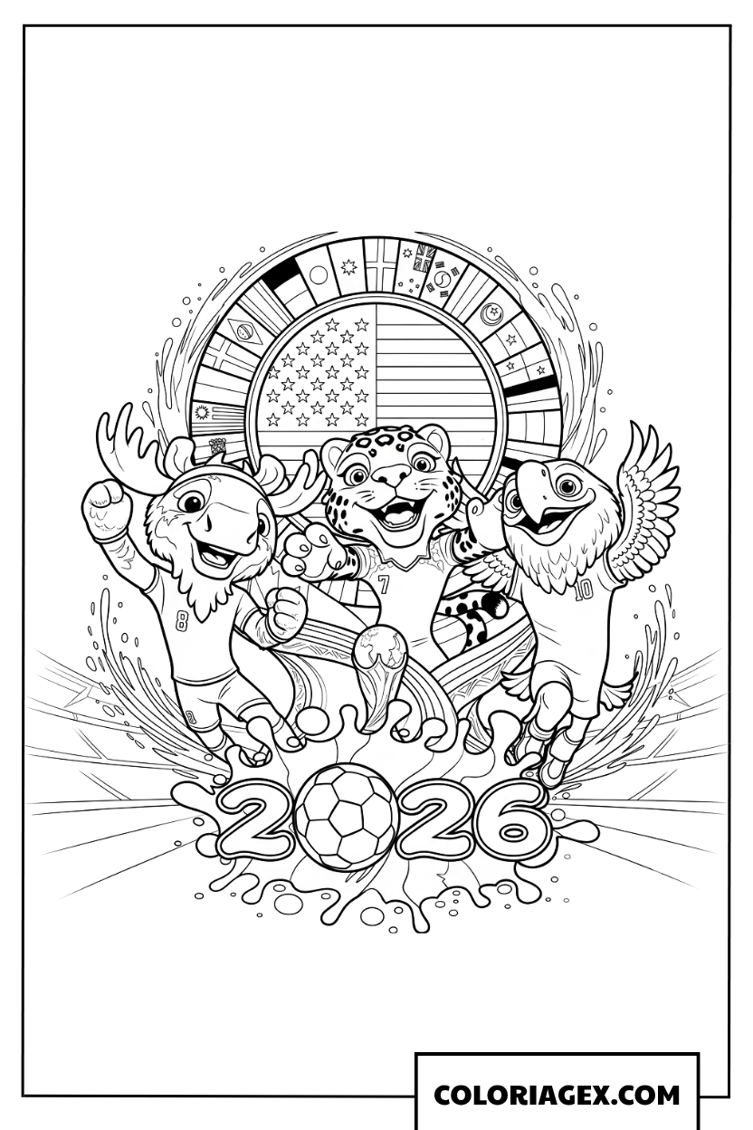 Dessin trois mascottes et drapeaux de la Coupe du Monde 2026