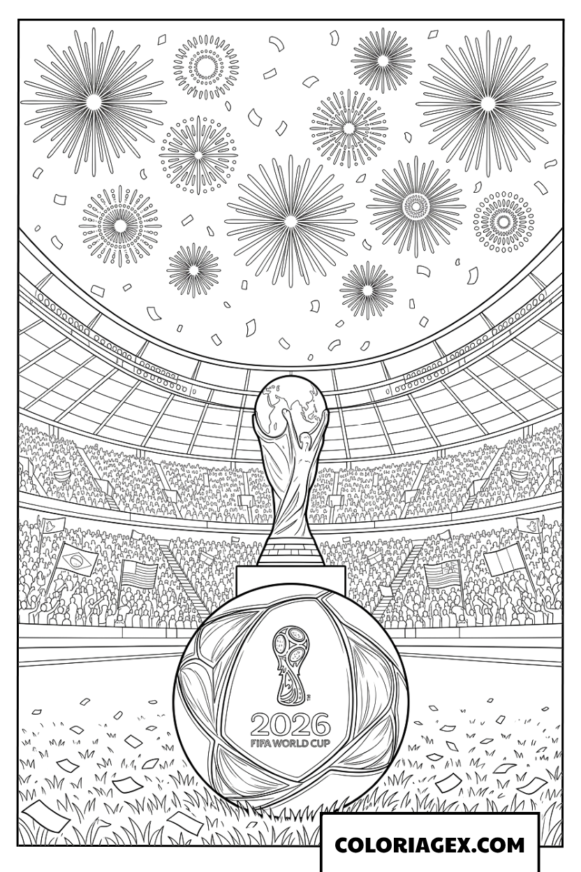 Dessin trophee FIFA et ballon officiel sous les feux d artifice