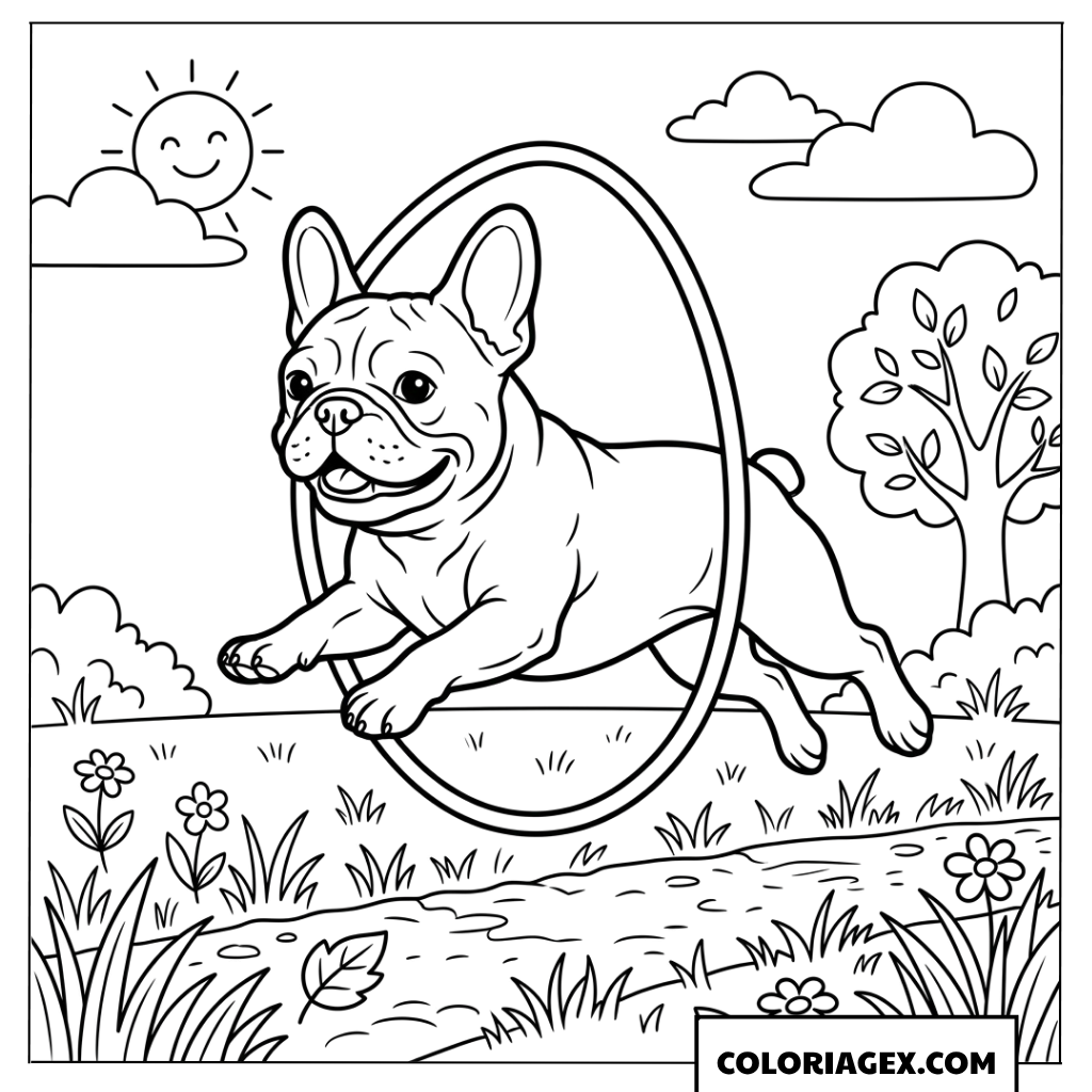 Dessin un Bouledogue Français athlétique sautant à travers un cerceau à colorier