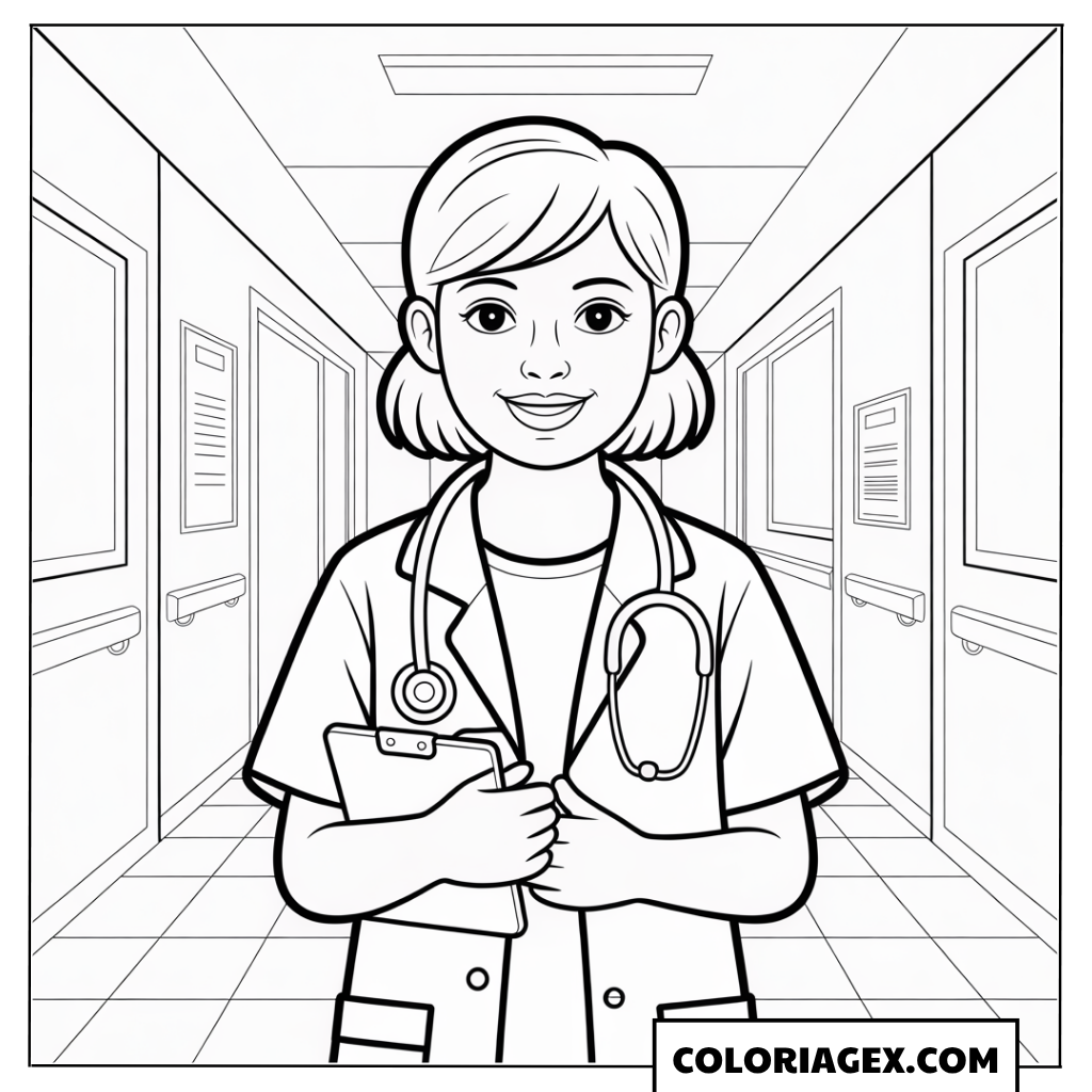 Docteure dans le couloir d’hôpital coloriage