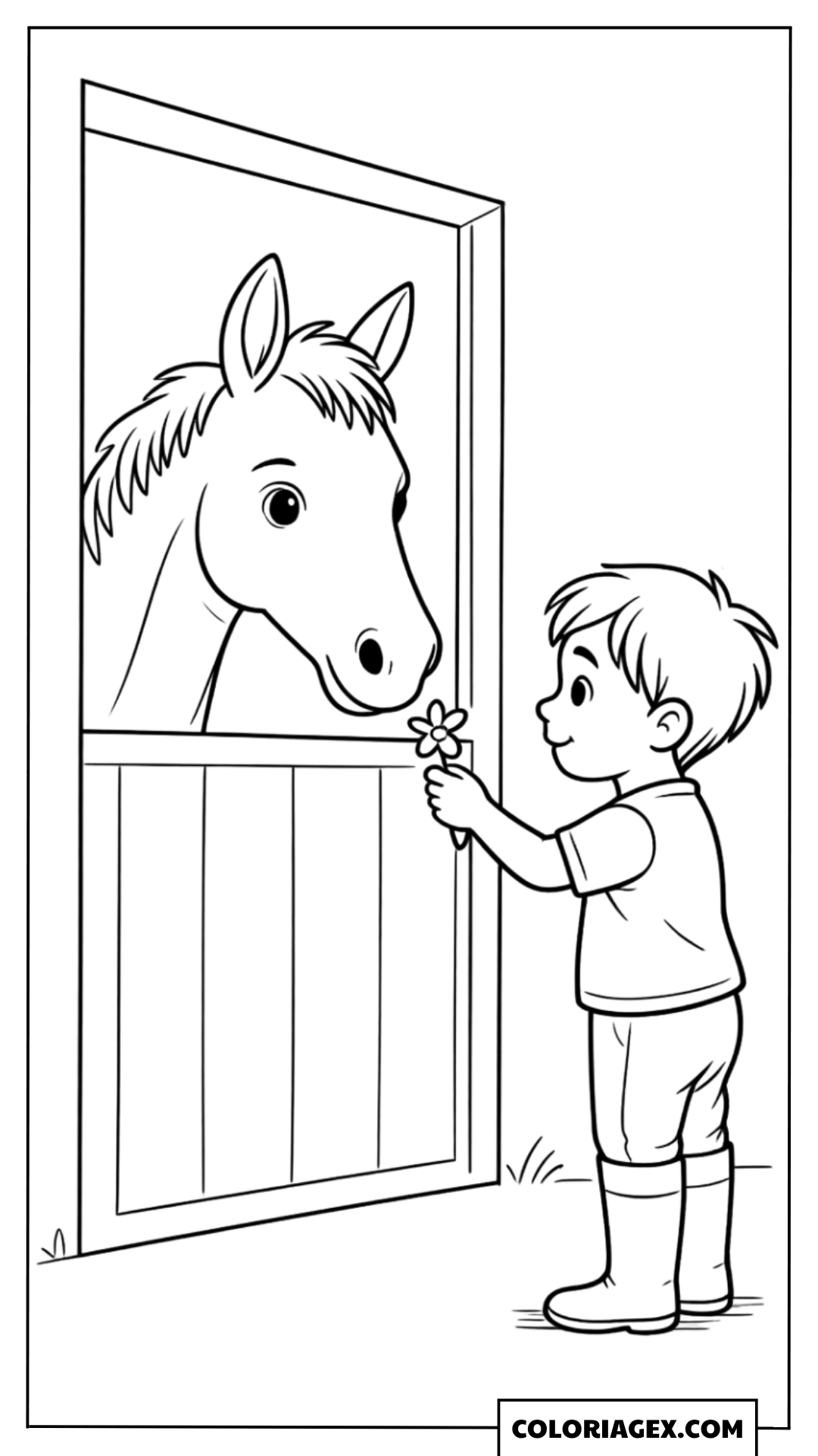 Enfant caresse un cheval à la porte de l’écurie à colorier