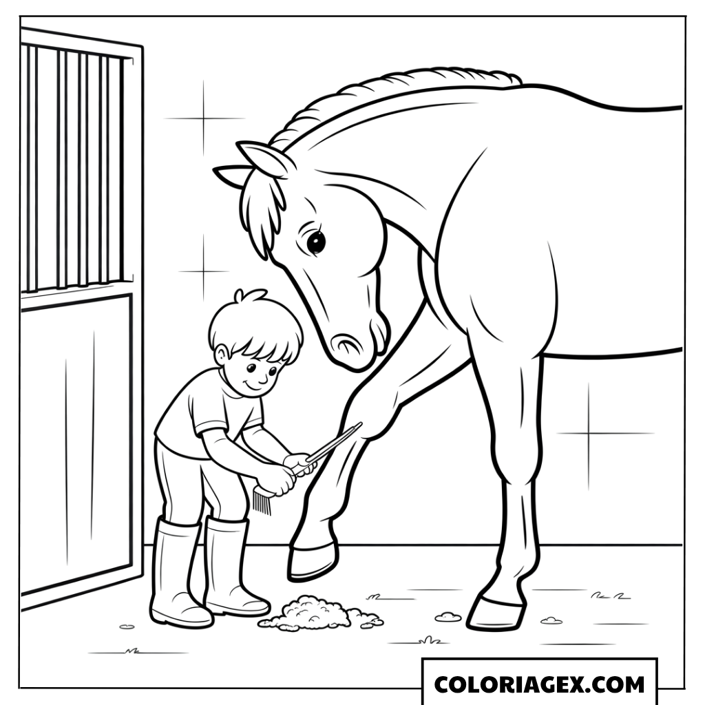 Enfant nettoie le sabot du cheval à colorier