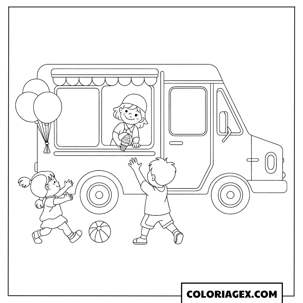 Enfants qui courent vers le camion coloriage