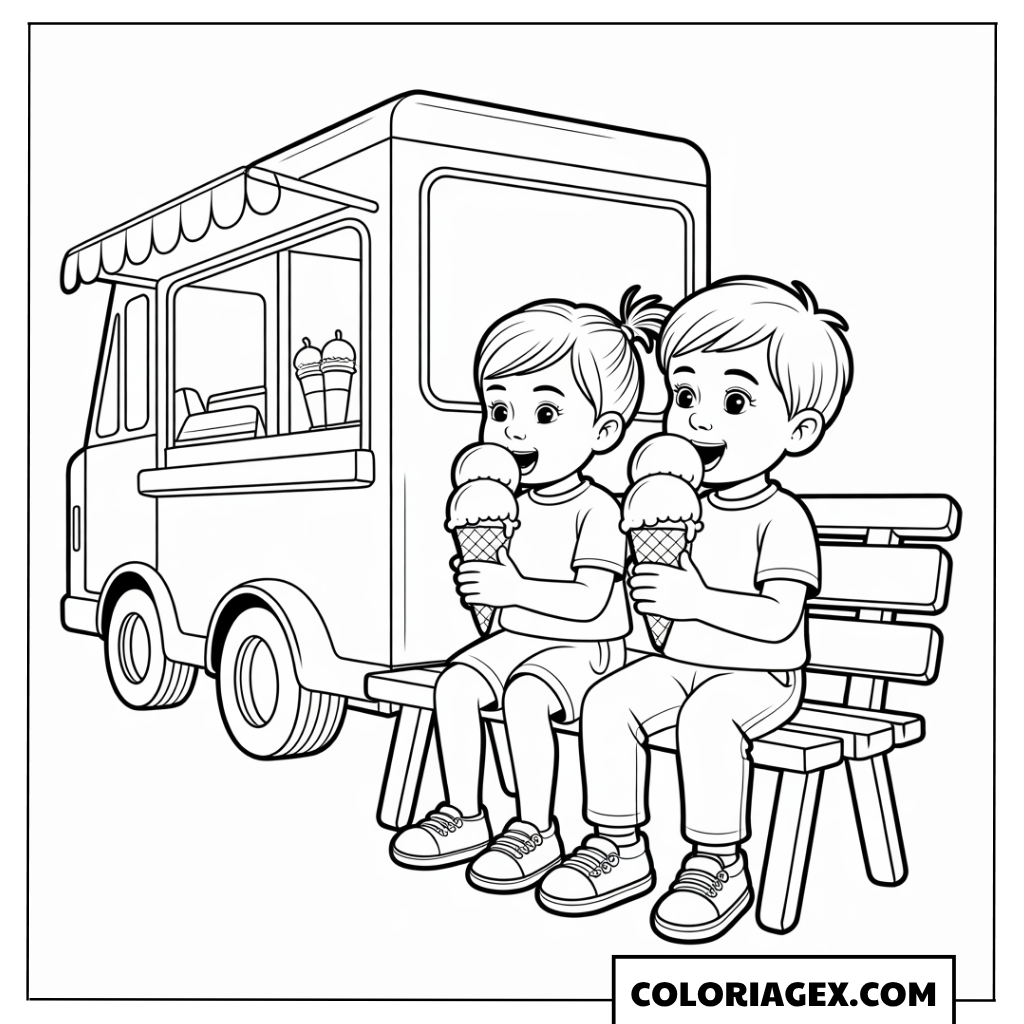 Enfants sur le banc avec glaces coloriage