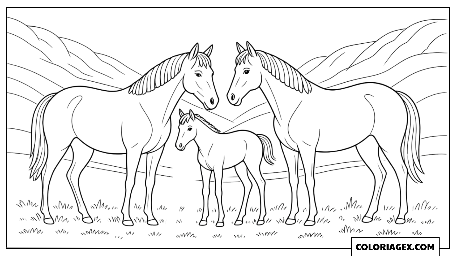 Famille de chevaux dans la prairie à colorier