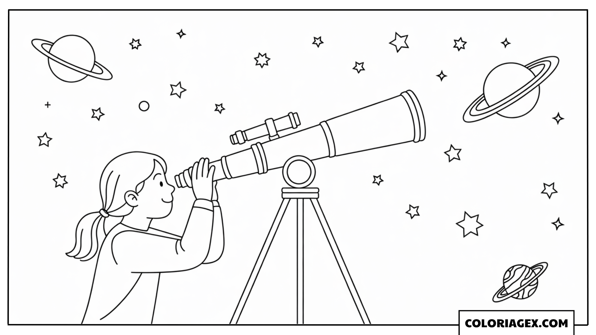 Fille astronome avec télescope coloriage
