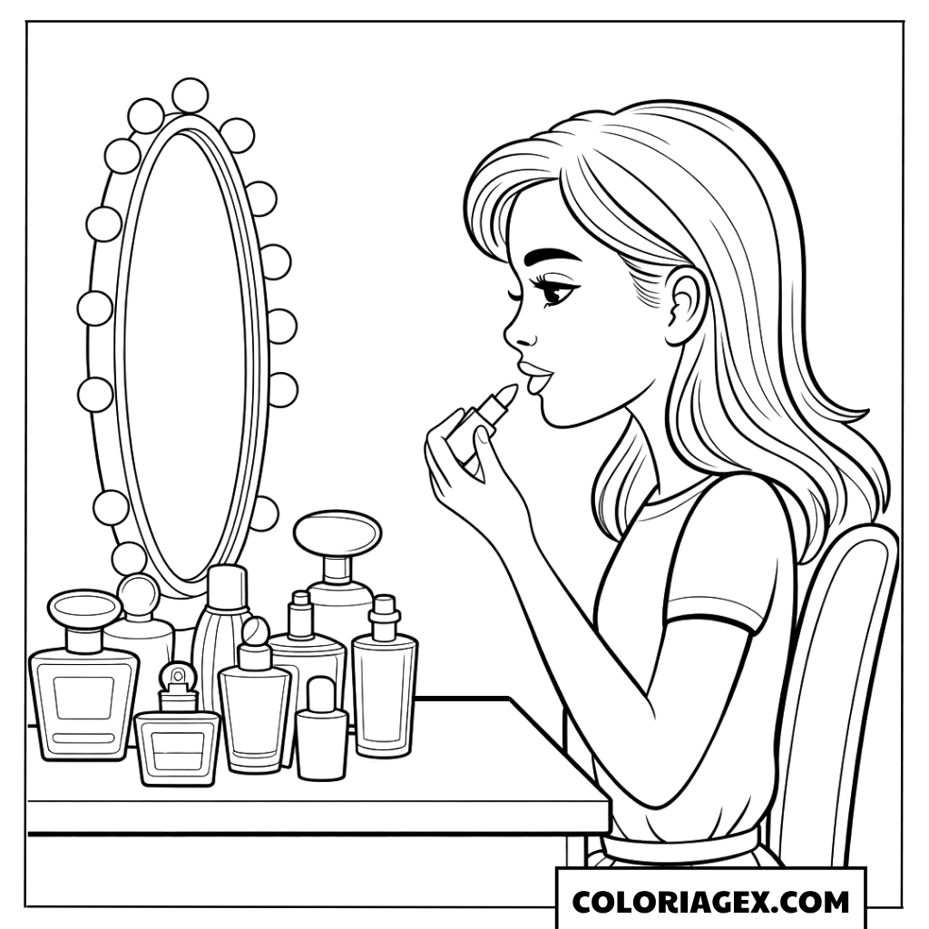 Fille au miroir de maquillage coloriage