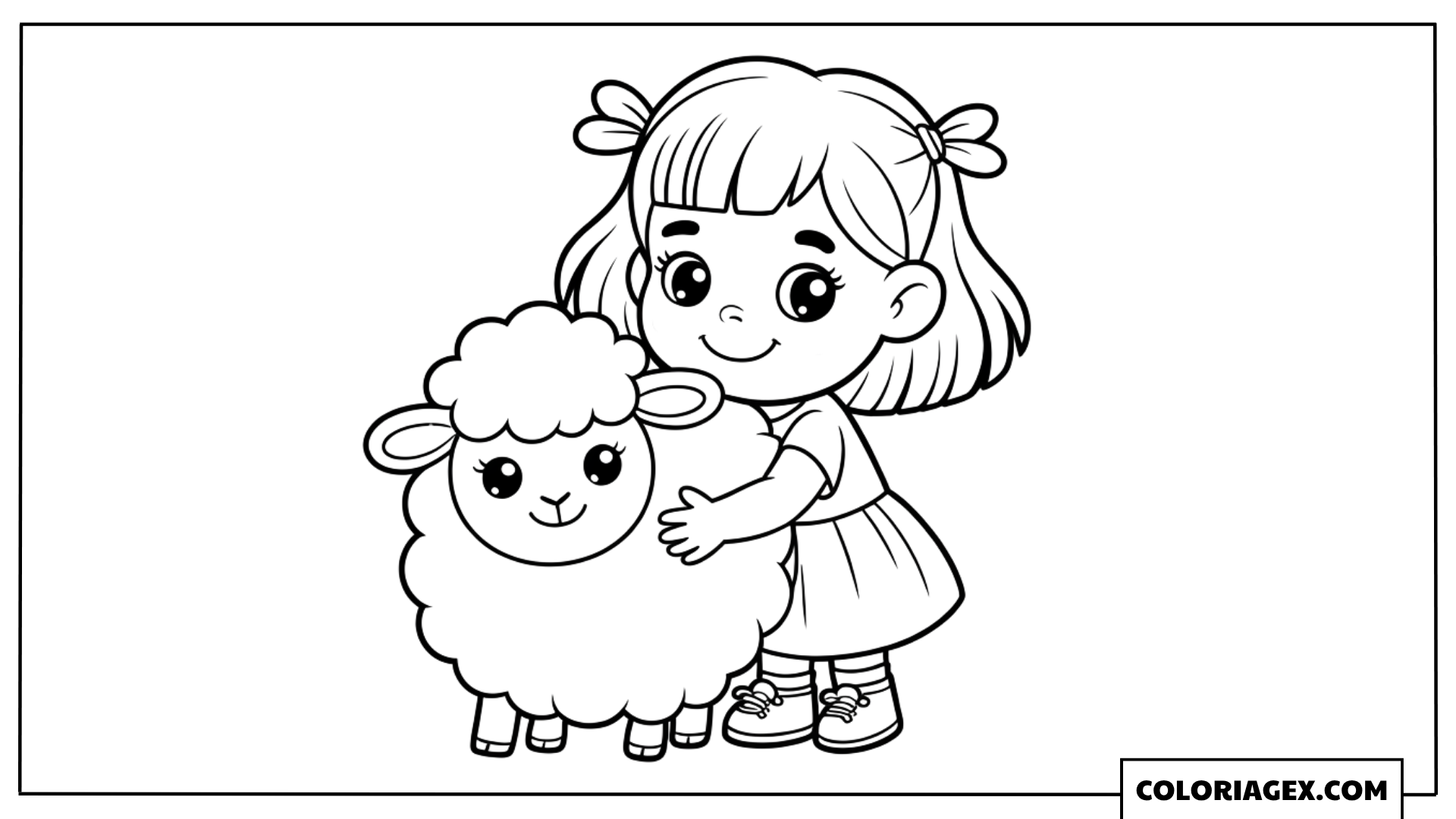 Fille avec agneau mignon coloriage