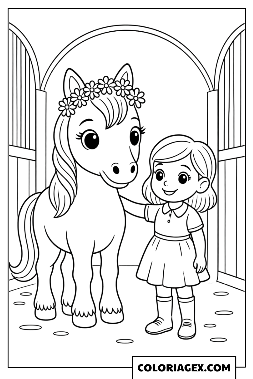 Fille avec poney à la couronne de fleurs à colorier