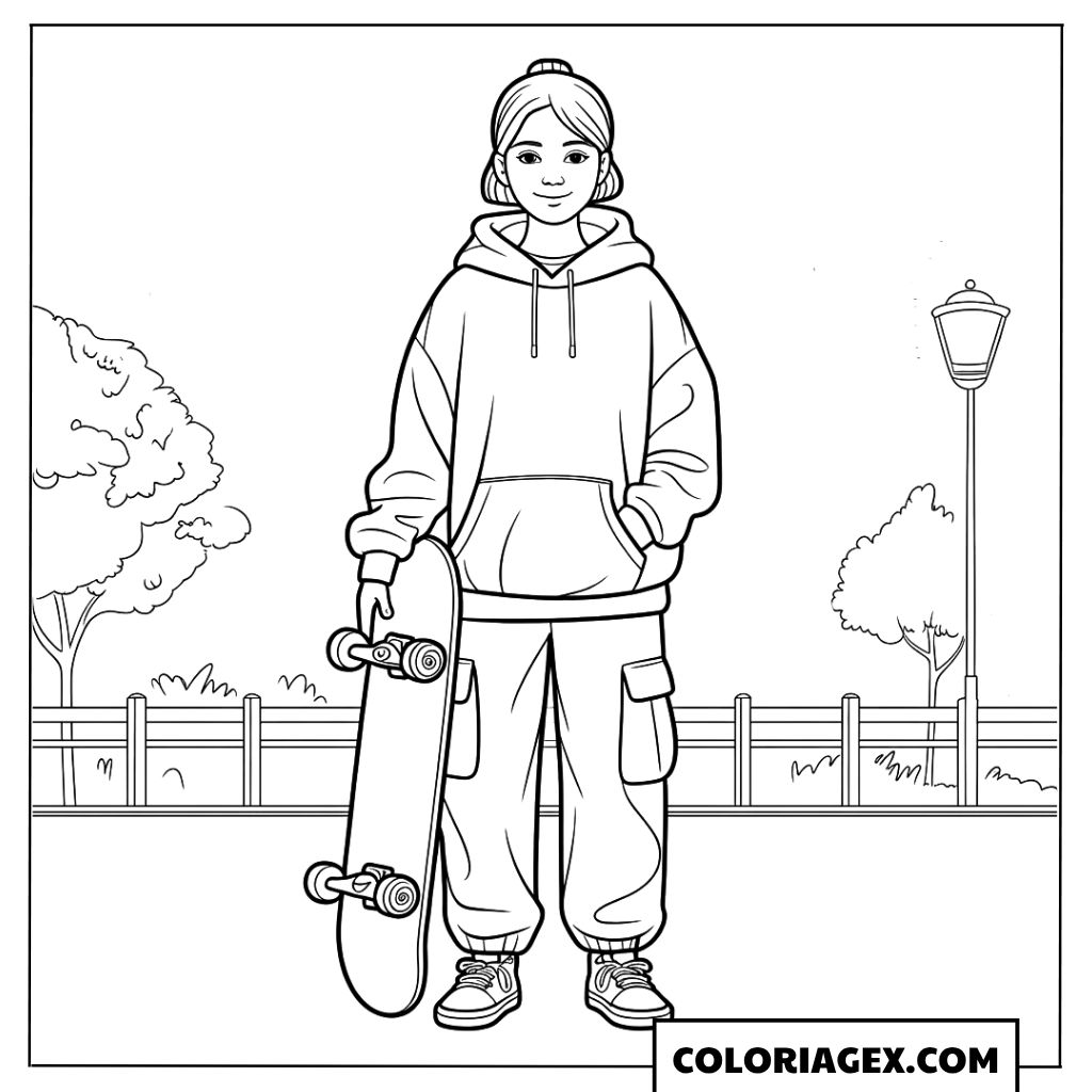 Fille avec skateboard coloriage