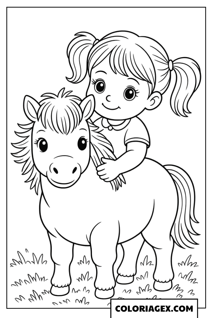 Fille câline son poney à colorier
