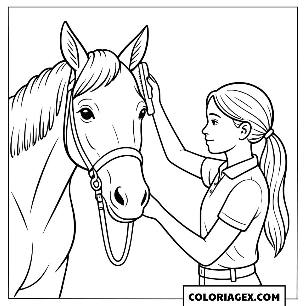 Fille caresse son cheval à colorier