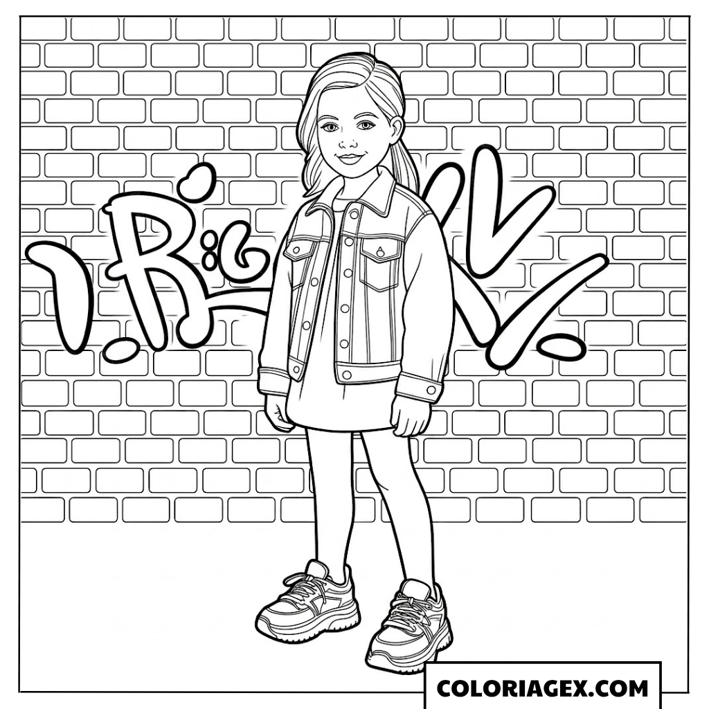 Fille devant le mur graffiti coloriage