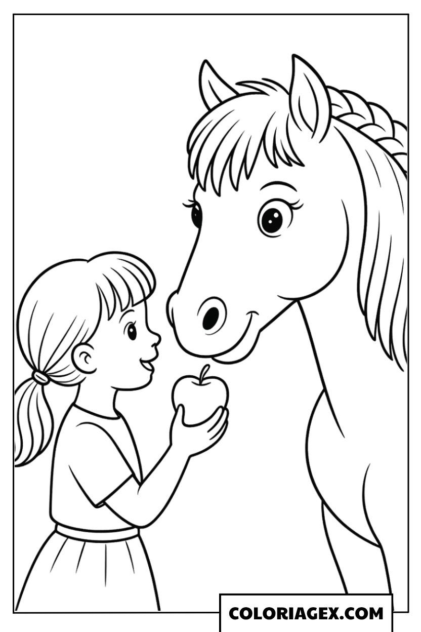 Fille donne une pomme à son cheval à colorier