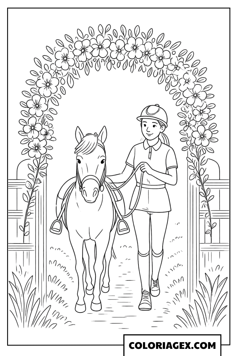 Fille et cheval sous l’arche fleurie à colorier