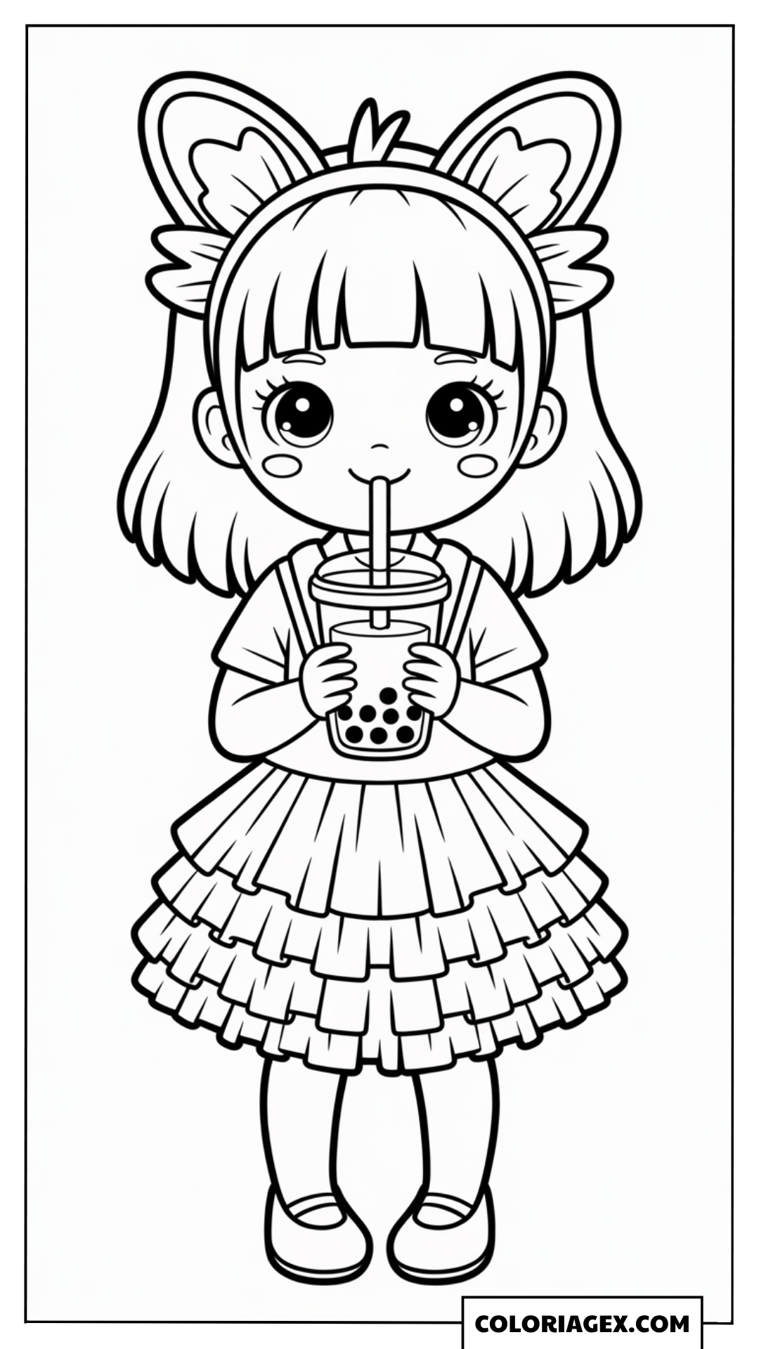 Fille kawaii avec bubble tea coloriage