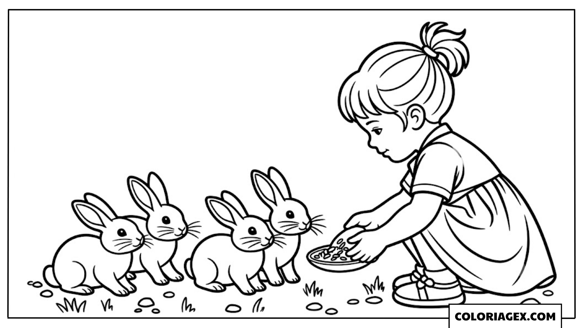 Fille nourrit les lapins coloriage