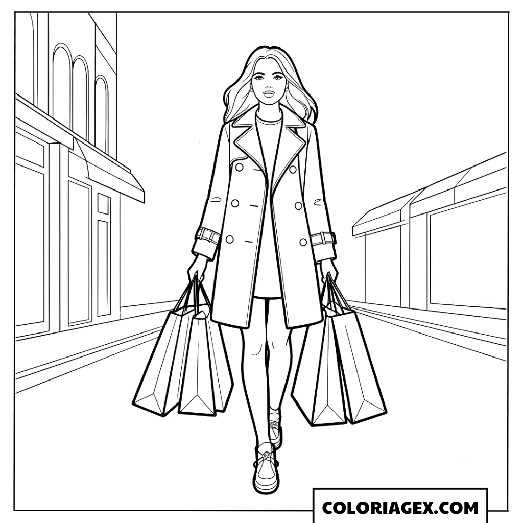 Fille shopping en ville coloriage
