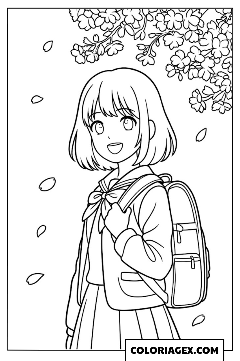 Fille sous les fleurs de cerisier coloriage