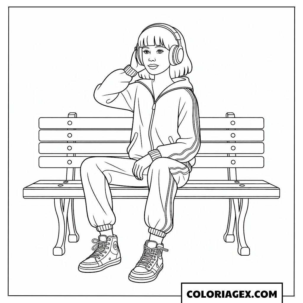 Fille streetwear sur le banc coloriage