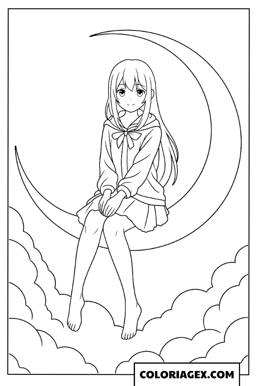 Fille sur le croissant de lune coloriage