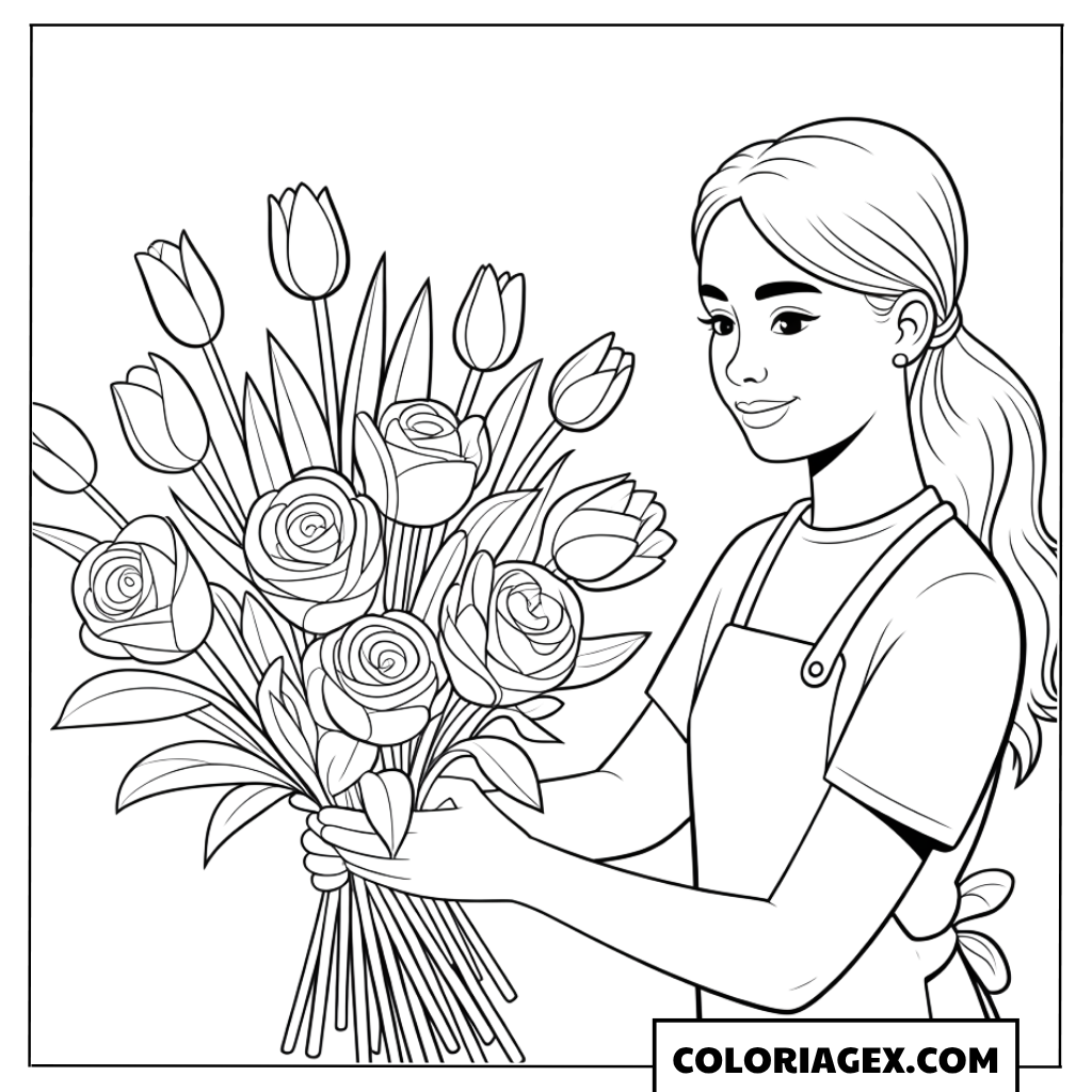 Fleuriste avec bouquet coloriage