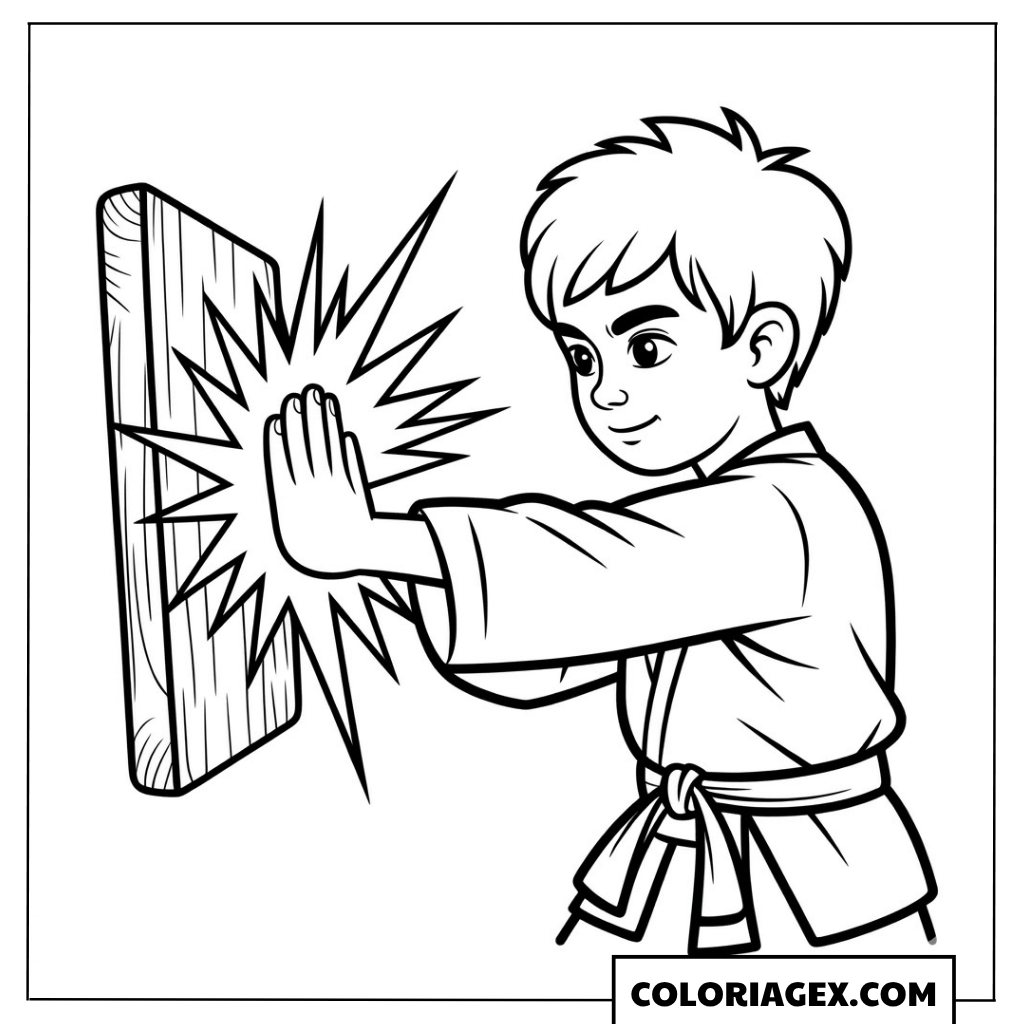 Garçon en karaté casse une planche coloriage