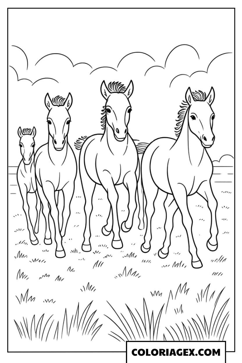 Groupe de chevaux au galop à colorier