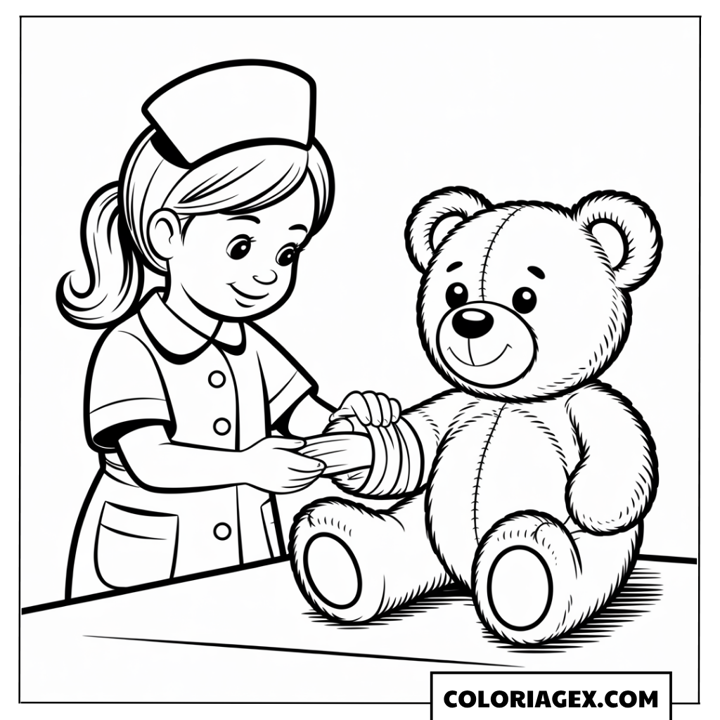 Infirmière avec ours en peluche coloriage