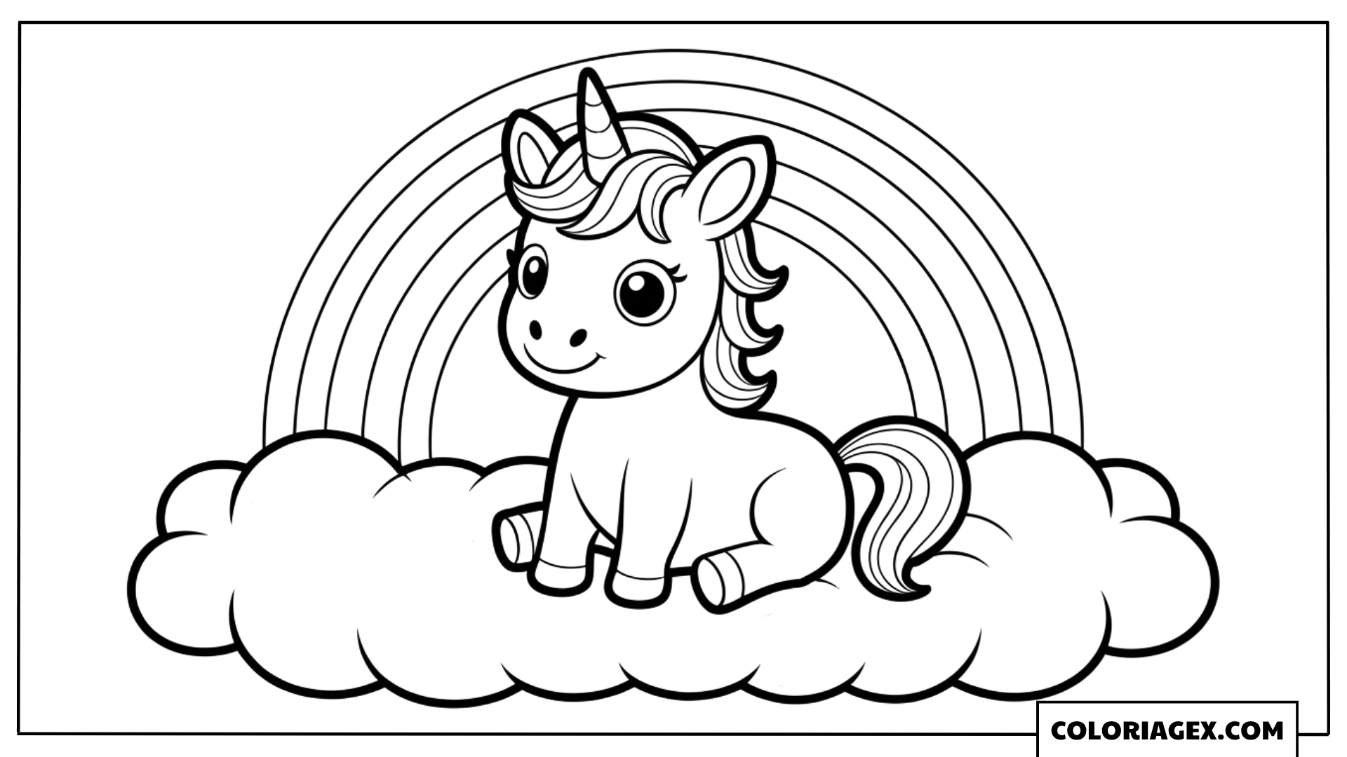 Licorne assise sur un nuage à colorier