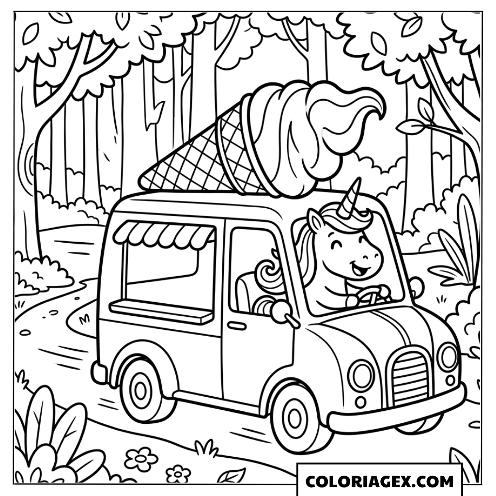 Licorne conduisant le camion de glaces coloriage