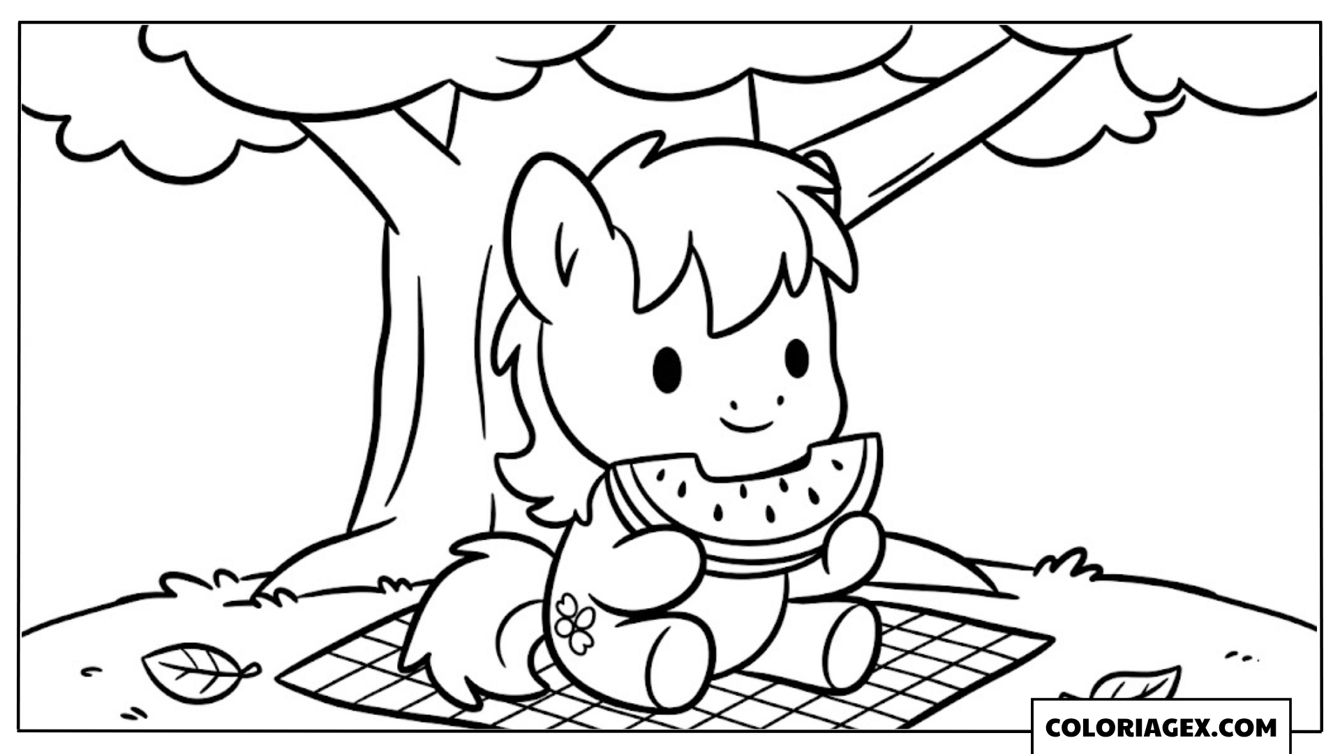 Licorne pique-nique sous l’arbre à colorier