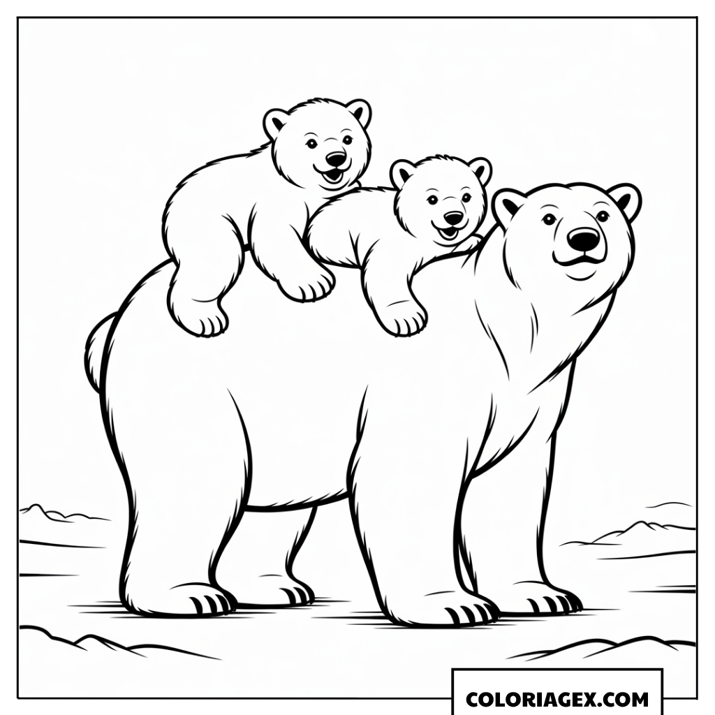 Maman ours polaire avec oursons sur le dos à colorier