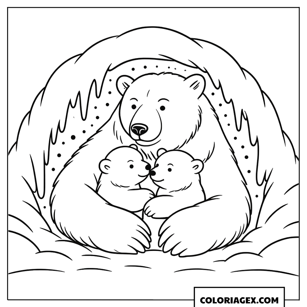 Maman ours polaire avec ses petits à colorier