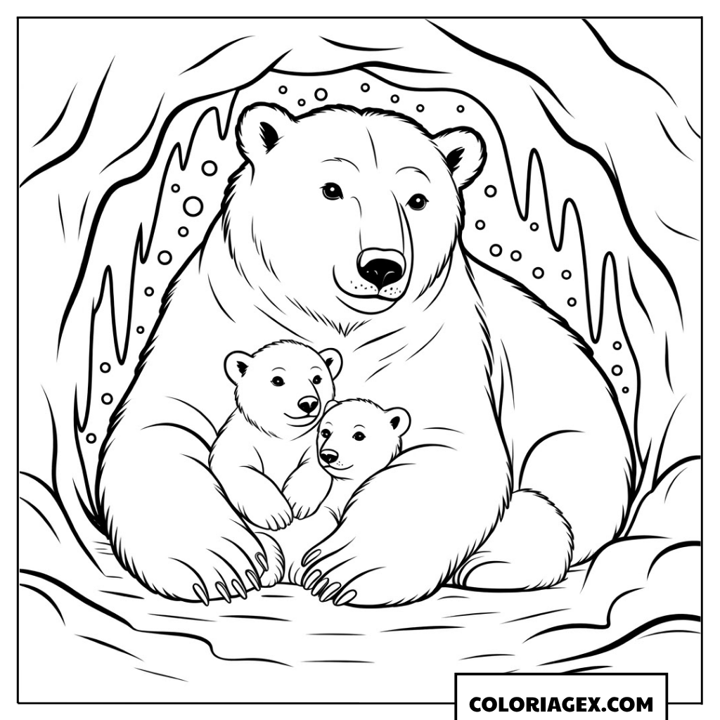 Maman ours polaire avec ses petits à colorier