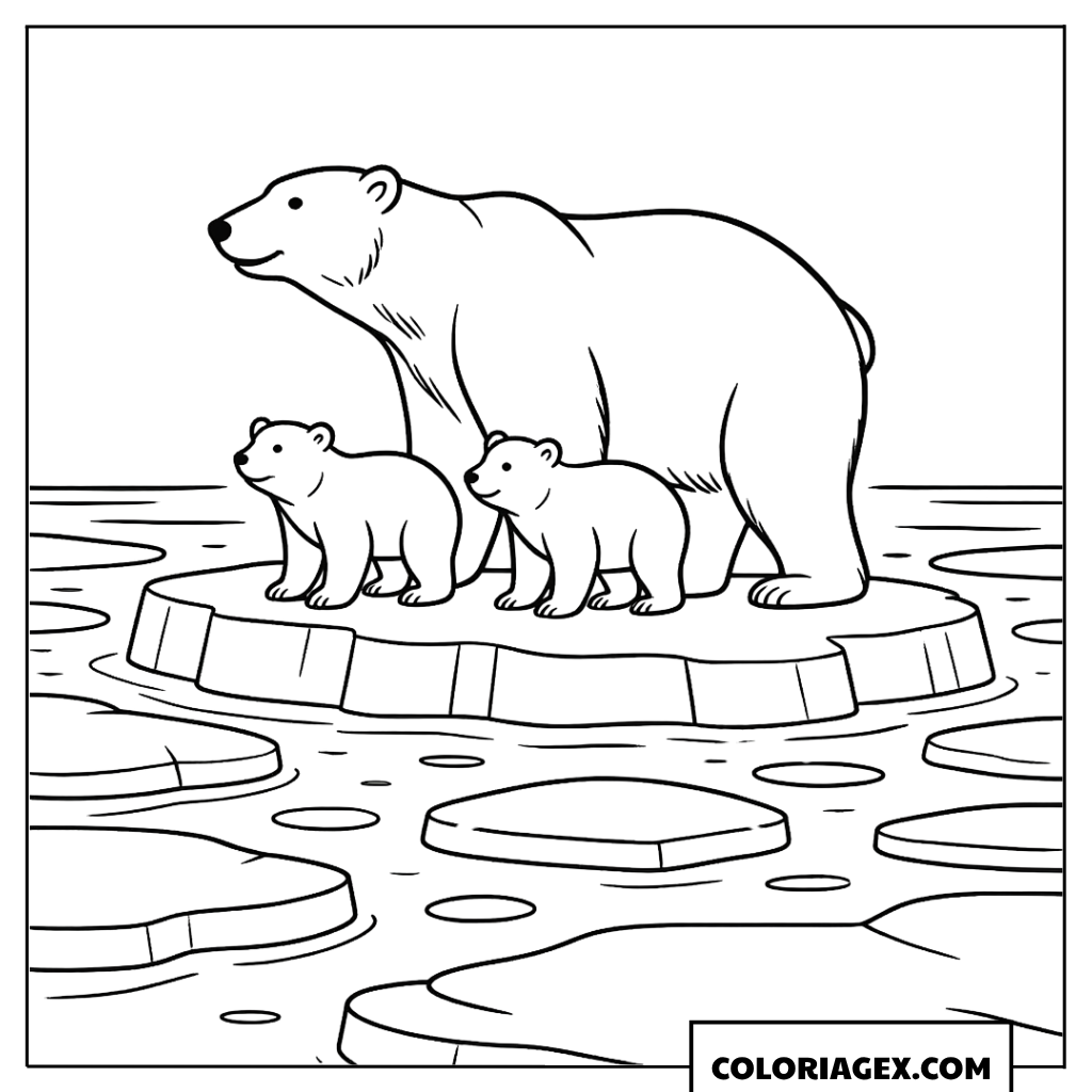 Maman ours polaire et ses oursons sur la banquise à colorier
