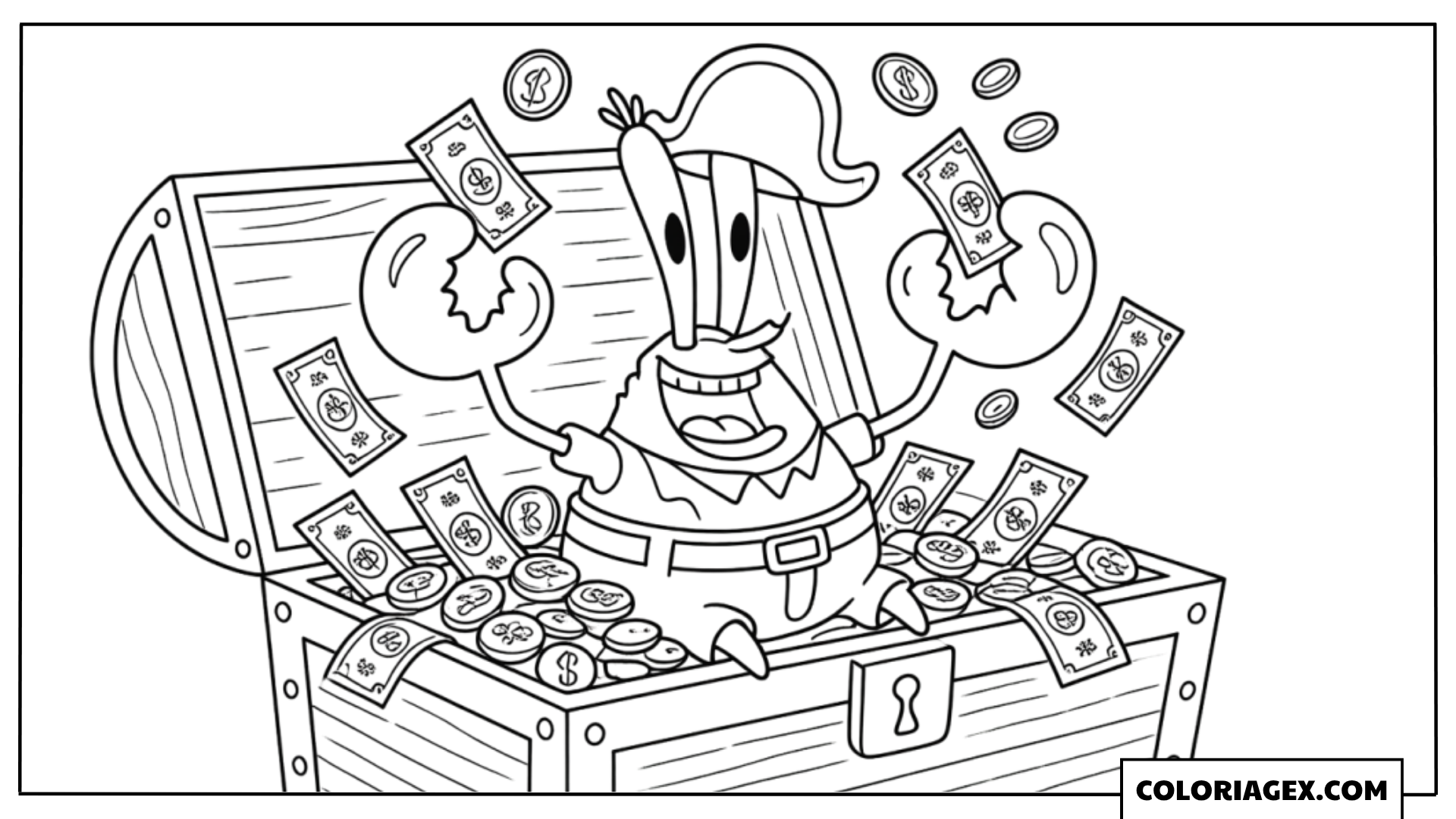 Monsieur Krabs avec son trésor à colorier