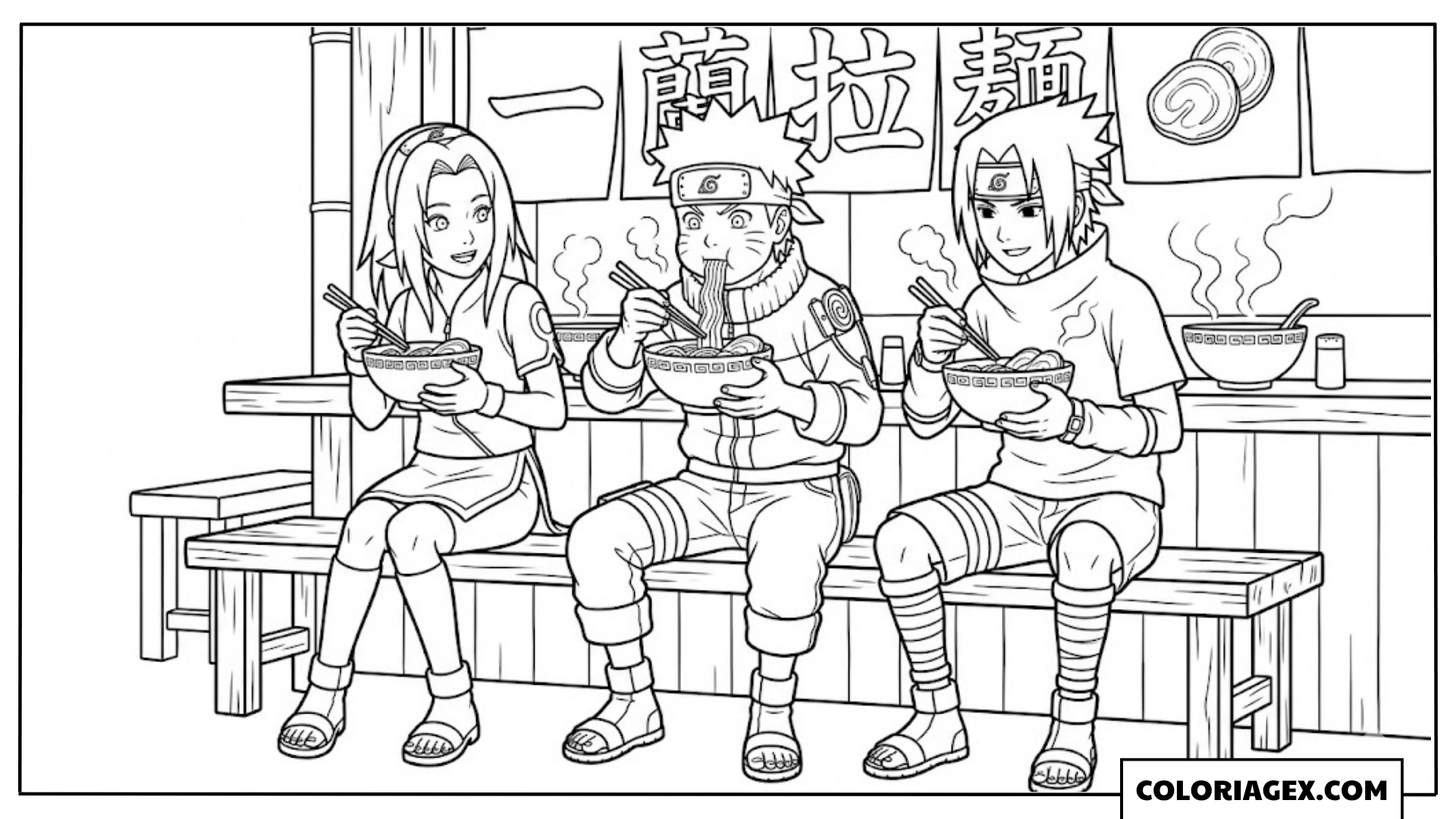 Naruto, Sasuke et Sakura mangent des ramen à colorier